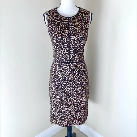 J Crew Leopard Print Sheath Dress in Bi Stretch Cotton Size 12